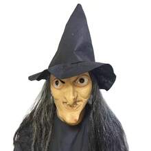 2pcs Halloween Horror Witch Mask, Latex Full Face With Hat And Long Hair, Haunted House Escape Room Cosplay Prop - View 2