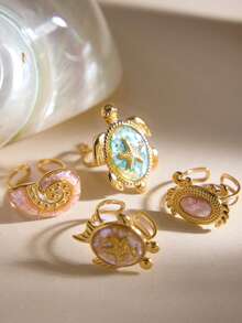 Uself 4pcs/1pc Gold Stainless Steel Open Rings For Women, Adjustable Ocean Animal Rings With Turtle, Starfish, Shell, Crab Designs, Beach Vacation Jewelry Accessories - Multicolor - View 5