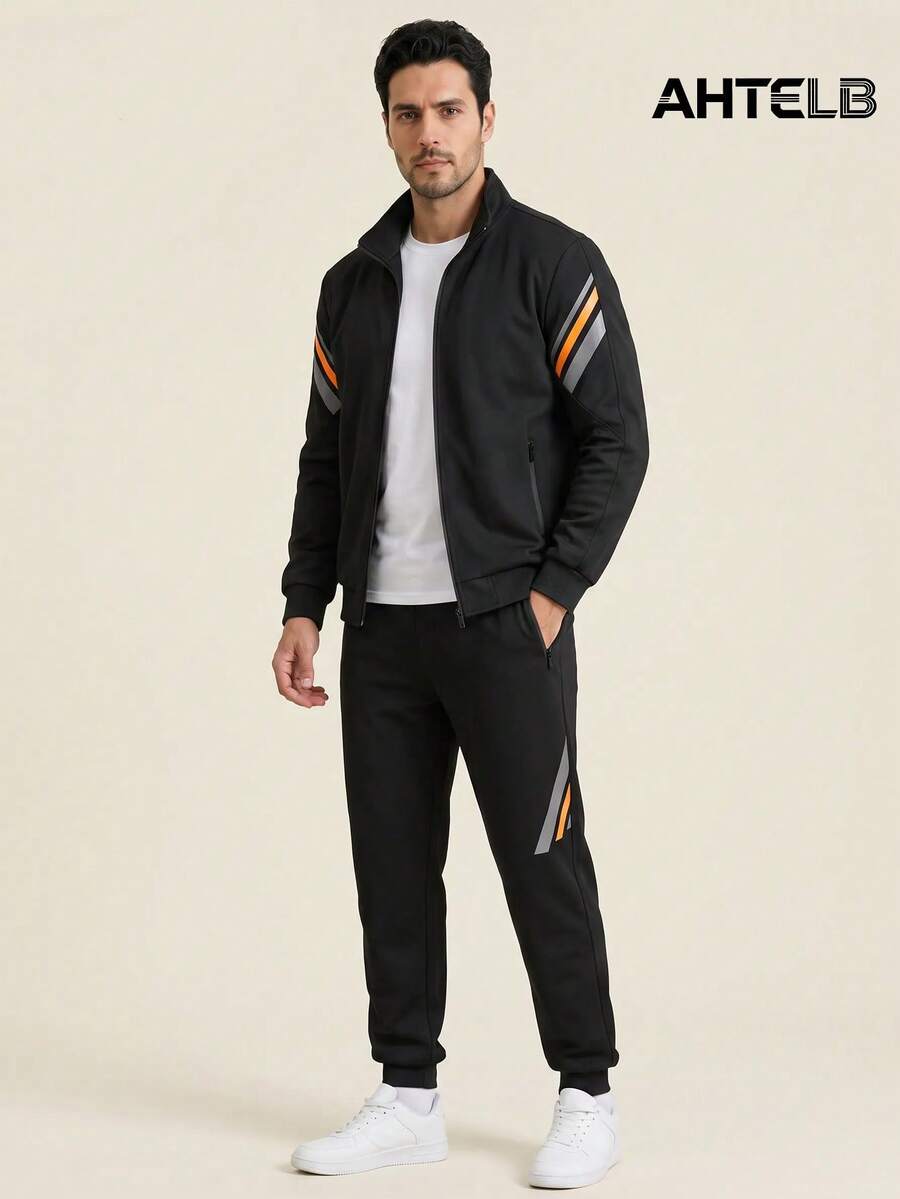 AHTELB Setelan Sweatshirt Olahraga Kasual Pria Musim Semi/Gugur 2 Potong, Jaket Sweatshirt Berresleting dengan Celana Sweatpants Berkerah Hitam - Hitam - View 1
