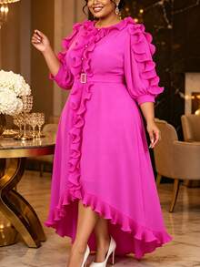 Plus Size Women Elegant Chiffon Maxi Dress With Tiered Ruffles Button And Belted Irregular Hem A Line Dresses Wedding Guest Party Gown - Hot Pink - View 9