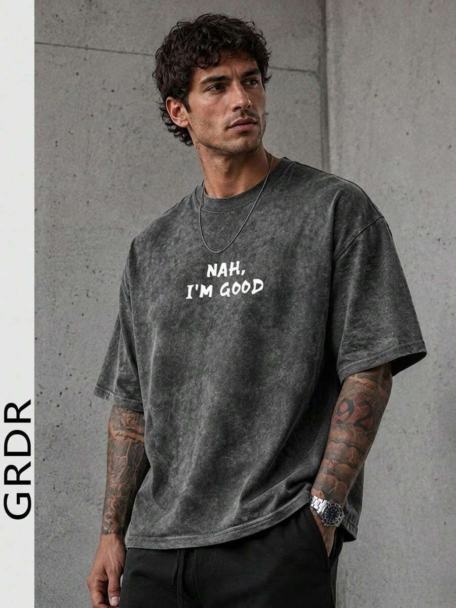 GRDR 男士夏季字母印花休闲圆领短袖水洗T恤,舒适时尚 - 深灰色 - 查看 1