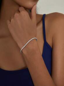BALMORA 1pc Luxury Fashion S925 Sterling Silver Single Row 2mm Round Zirconia Adjustable Drawstring Bracelet, Women's Daily Commute Party Holiday Wear Birthday Gift - Silver - View 2
