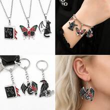 5/12 piezas Dijes de esmalte gótico Dragón Cuervo Murciélago Gato Polilla Rosa Lápida Colgantes para DIY Halloween Pulsera Collar Pendiente Suministros para hacer joyas - Negro - Ver 8