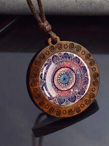 1PC Vintage Mandala Pattern Round Glass Wood Pendant Necklace - Brown - View 7