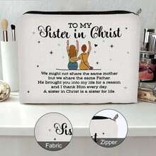 1pc Polyester Double-Sided Small Makeup Bag, 5.9" X 8.66" Portable Cosmetic Pouch With "Sisters In Christ" Inspirational Text, Symbolizing Devout Spiritual Connection, Perfect For Daily Makeup Storage And Travel Toiletries Organization - Multicolor - View 2