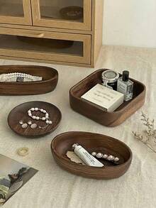 1pc Vintage Walnut Wood Desk Organizer Tray – Solid Wood Jewelry, Key & Essentials Storage Box - Brown - View 2