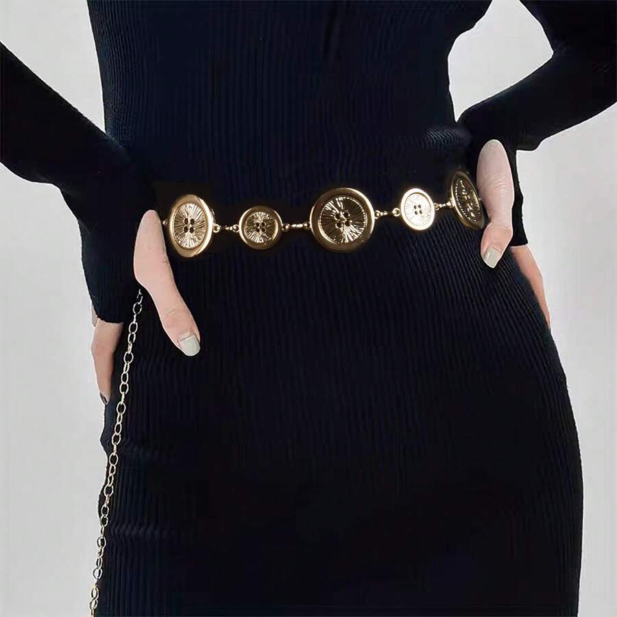1pc Button Metal Decor Bohemian Vintage Women's Fashion Waist Chain For Casual Use - A - View 1
