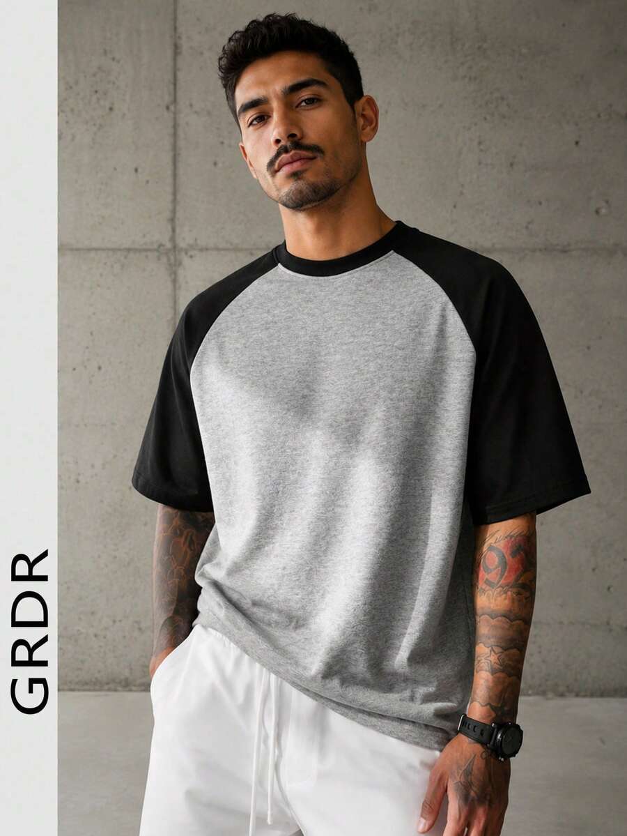GRDR Men's Summer Raglan Contrast Color Casual American Vintage Crew Neck Short Sleeve T-Shirt - Grey - View 1
