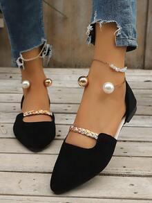 Women's New Pearl Ring Metal Flat Hollow Pointed Toe Low-Top Casual Beach Shoes - Black - View 1