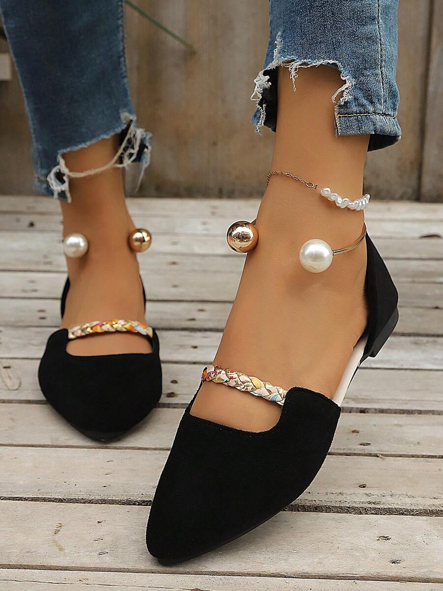 Women's New Pearl Ring Metal Flat Hollow Pointed Toe Low-Top Casual Beach Shoes - Black - View 1