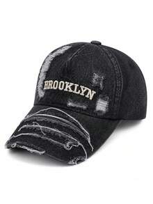 1件中性款做舊水洗牛仔棒球帽，BROOKLYN字母刺繡復古磨損破洞卡車帽，可調節街頭風Y2K遮陽帽 - BROOKLYN牛仔破洞 - 查看 8