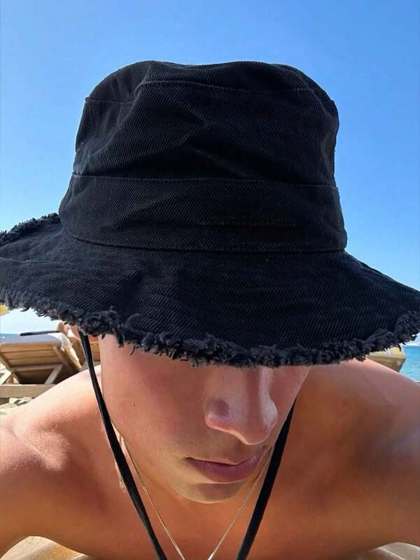 1pc Men's Drawstring Bucket Hat, Women's Fisherman Hat, Adjustable Chin Strap Design, Solid Color, Minimalist Versatile, Distressed Treatment, Soft Fabric, Sun Protection, Windproof, Fashionable, Suitable For Travel, Beach, Vacation, Daily Casual Wear, Unisex