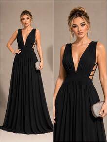 Cheap Bridesmaid Dress For Party Guests, Reception, Graduation, Without Shine, Open On The Side - Negro - Ver 1