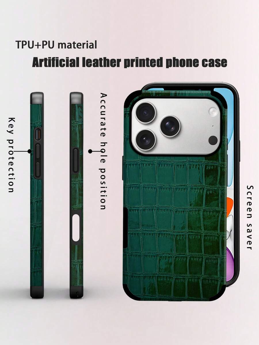 1 pieza Funda de teléfono de cuero con patrón de cocodrilo negro a prueba de golpes y caídas con diseño giratorio y artesanía de cuero compatible con iPhone 17/16/15/14/13/12/11/XR/7P/8P/XS Max/X/XS Galaxy - Verde esmeralda - View 1