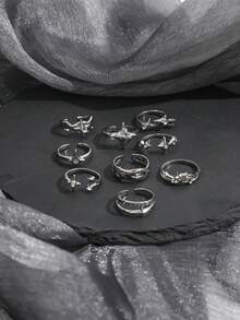10PCS Dark Y2K Thorn Four-Pointed Star Rhinestone Rings, Twisted Star Rhinestone Stackable Ring Set For Women - Silver - View 4