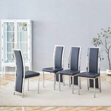 [Set Of 4] European Minimalist Dining Chairs With Silver Trim. Black PU Leather + Silver Metallic Frame - Black - View 4
