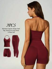 UONNOU 3-Piece Set Angola Red Halter Neck Shaping Tank Top + Waist-Cinched Butt-Lifting Tight Shorts + Long Pants, Cycling Yoga Fitness Casual Sports - Red - View 1