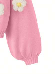1pc Girls' Teenager College Style Minimalist Contrast Color 3D Flower Knit Cardigan, Spring/Autumn/Winter, Halloween - Pink - View 4