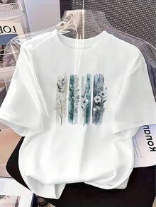 Inspirational T-Shirt For Women With Watercolor Floral Print - Round Neck - Light And Casual Dreamy Design For Spring/Summer With Phrases - 白色 - 查看 1