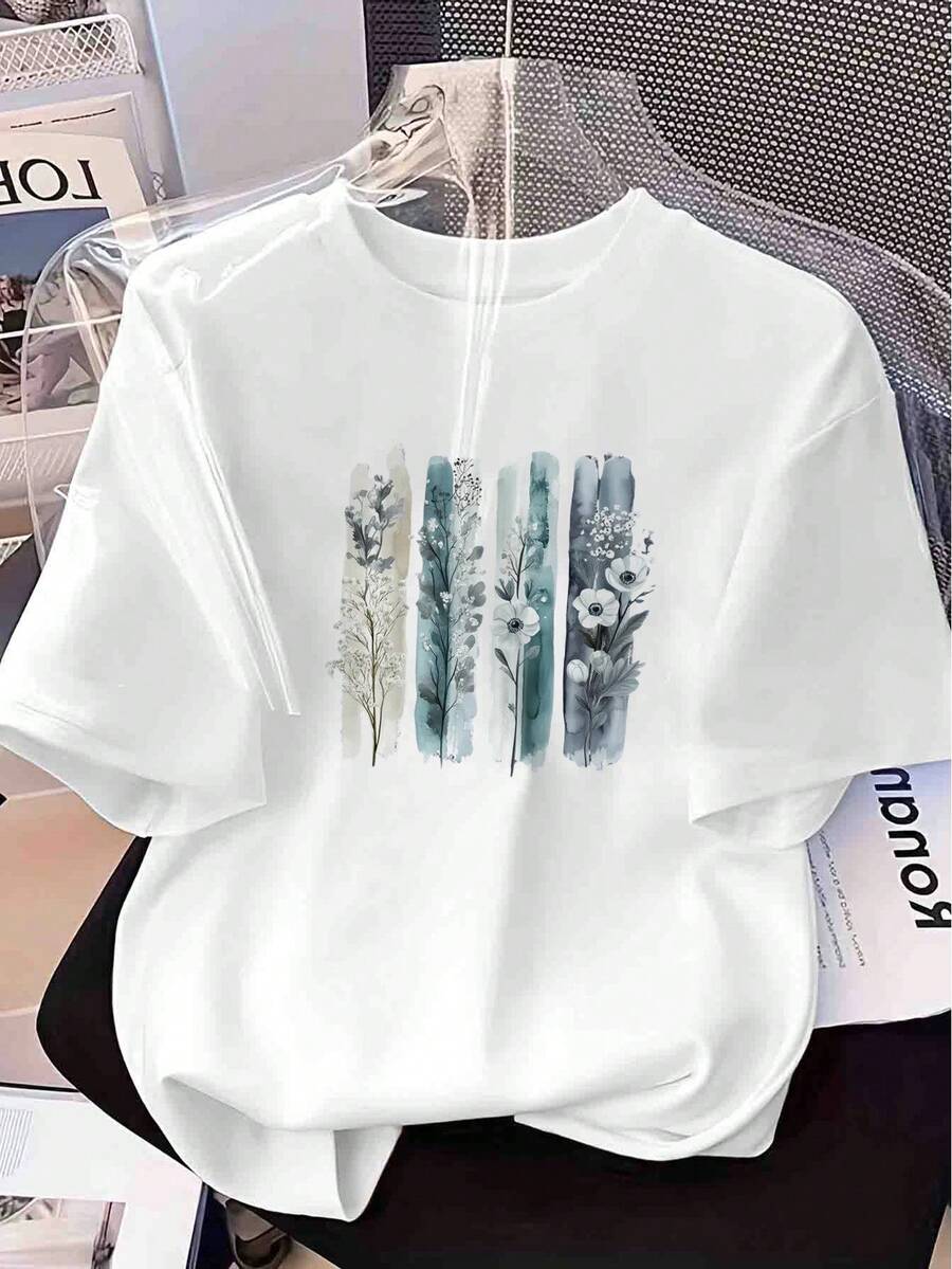 Inspirational T-Shirt For Women With Watercolor Floral Print - Round Neck - Light And Casual Dreamy Design For Spring/Summer With Phrases - 白色 - 查看 1
