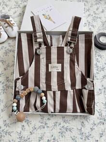 Baby Girls Vintage Brown & White Vertical Striped Overalls, Adjustable Shoulder Straps, Rolled Hem Casual Long Pants - Coffee Brown - View 9