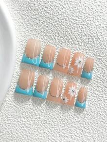 10件透明法式手工穿戴甲，Polygel美甲套組，細閃手繪花卉設計，藍白指甲油，清新風格，附美甲工具，3種尺寸可選，杏仁/鴨嘴/棺材形，適合派對、跳舞、日常穿戴 - 彩色 - 查看 19