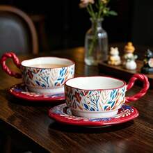 1 Set Vintage Floral & Bird Pattern Ceramic Coffee Cup With Tray, Embossed Wavy Edge Coaster, European Retro Afternoon Tea Cup, Home Breakfast Latte Milk Cup, Coffee Shop Hotel Tabletop Decor, Perfect Birthday Gift For Women - Multicolor - View 6