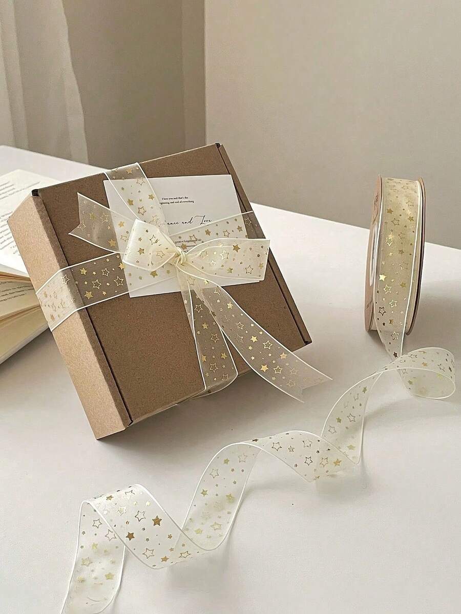 1 Roll 20 Yards Gold Foil Star Ribbon, Gift Wrapping Rope, Gold Foil Star Ribbon, Suitable For Birthday Wrapping, Handmade Bows, Party Gift Supplies, DIY Crafts - Multicolor - View 1