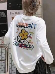 Women's Fashion Autumn/Winter Loose Fit Versatile Round Neck Casual Letter & Floral Print Long Sleeve T-Shirt - White - View 6