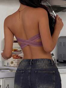 Women's Strapless Lace Backless Bandeau Bra, Medium Elasticity, Casual Comfortable Wire-Free Invisible Bra, Non-Slip Comfortable Daily Wear, Suitable For Wedding Dress - Dusty Purple - View 2