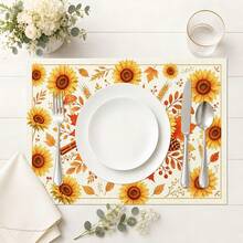 2pcs/4pcs/6pcs Autumn Sunflower Pattern Kitchen Dining Table Tray Mats, Square Tray Mats, Table Mats, Holiday Table Decor, Seasonal Home Decor, Holiday Decor, Thickened Linen Material, Perfect For Holiday Dining Room And Kitchen Decor - Multicolor - View 3