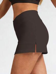 6pecil 2026 Women's Skirt, Criss-Cross Waist, Side Slit, Built-In Shorts, Suitable For Yoga, Pilates, Gym Workout, All Seasons - Coffee Brown - View 4