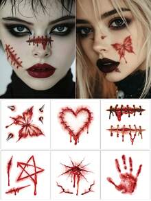 6PCS Halloween Butterfly Rivet Heart Stitch Blood Handprint Pentagram Pattern Halloween Makeup Costume Party Gift Face Arm Shoulder Neck Waterproof Tattoo Stickers - Red - View 1