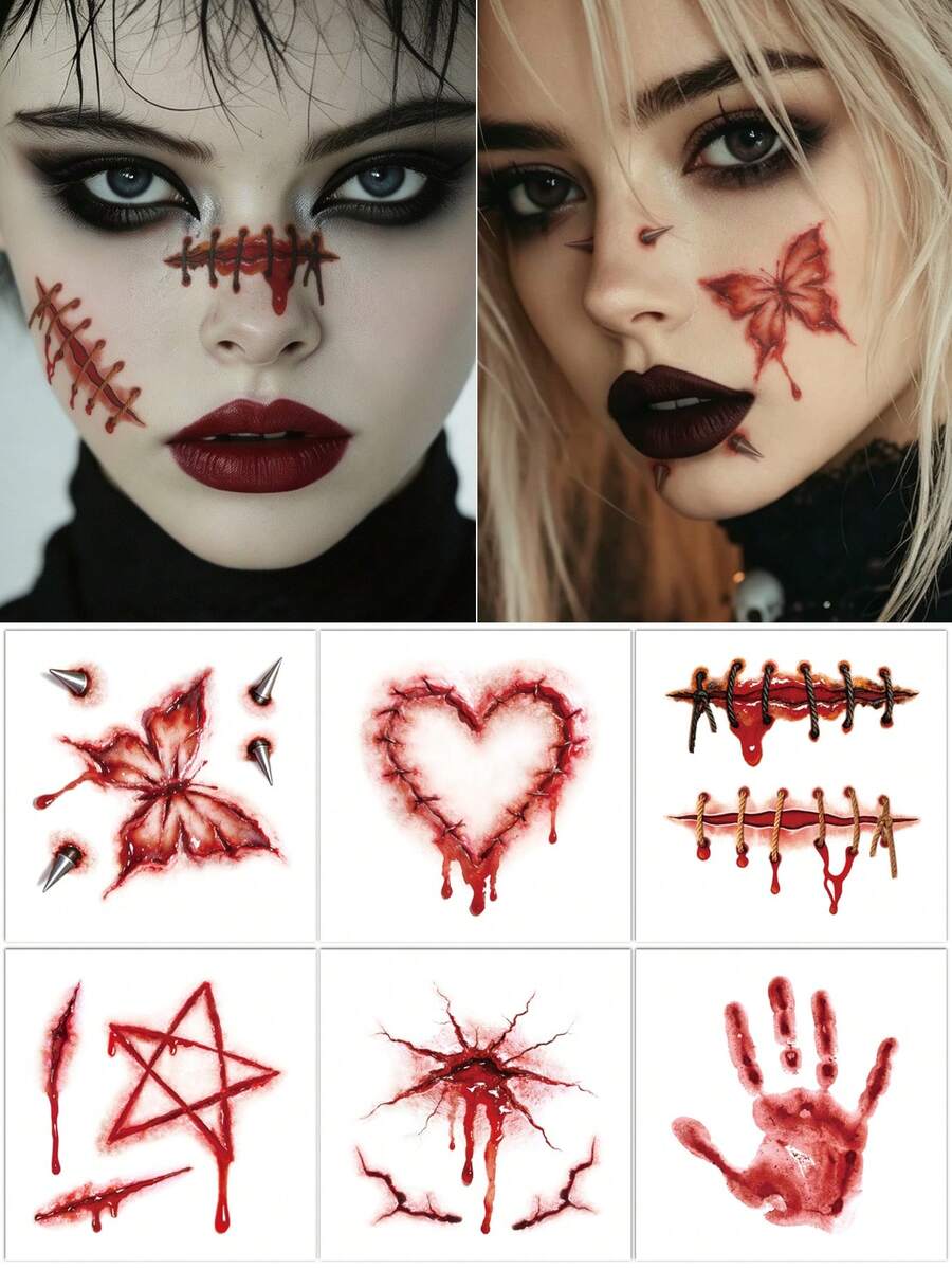 6PCS Halloween Butterfly Rivet Heart Stitch Blood Handprint Pentagram Pattern Halloween Makeup Costume Party Gift Face Arm Shoulder Neck Waterproof Tattoo Stickers - Red - View 1