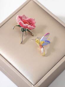 1 Pasang Anting Tusuk Motif Lebah & Peony Berwarna Gradien, Bunga dan Burung dari Enamel, Desain Unik dan Istimewa, Anting untuk Komuter dengan Suasana Menawan (Pola Acak) - MultiWarna - View 5
