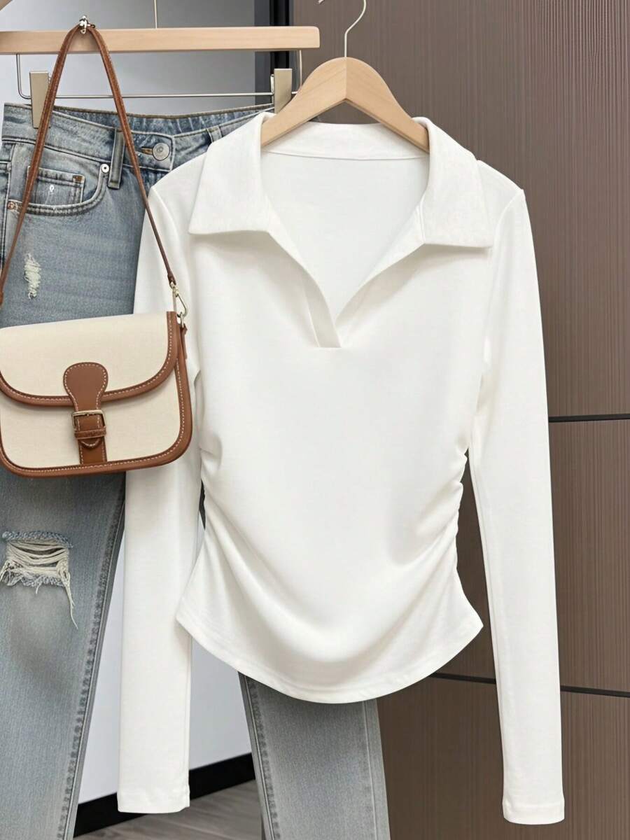 French Style Polo Collar Ruched Long Sleeve T-Shirt, Slim Fit Flattering V-Neck Turn-Down Collar Versatile White Base Layer Top For Women Casual - White - View 1
