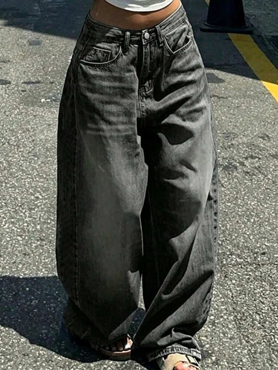 Celana Jeans Kasual Longgar Lurus dengan Kaki Lebar yang Modis untuk Remaja, Cocok untuk Semua Musim - Dark Grey - View 1