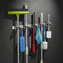 1pc 4-Clip 5-Hook Aluminum Wall-Mounted Bathroom Mop Holder, Broom Rack, Storage Rack, No-Drill Mop Holder, Suitable For Bathroom And Balcony - Multicolor - View 10