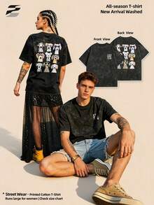 230g Washed Double-Sided Printed Short Sleeve-Shirt, Round Neck Relaxed Fit Casual Tee, Soft Lightweight Versatile Basic Top Daily Wear. - Black - View 1