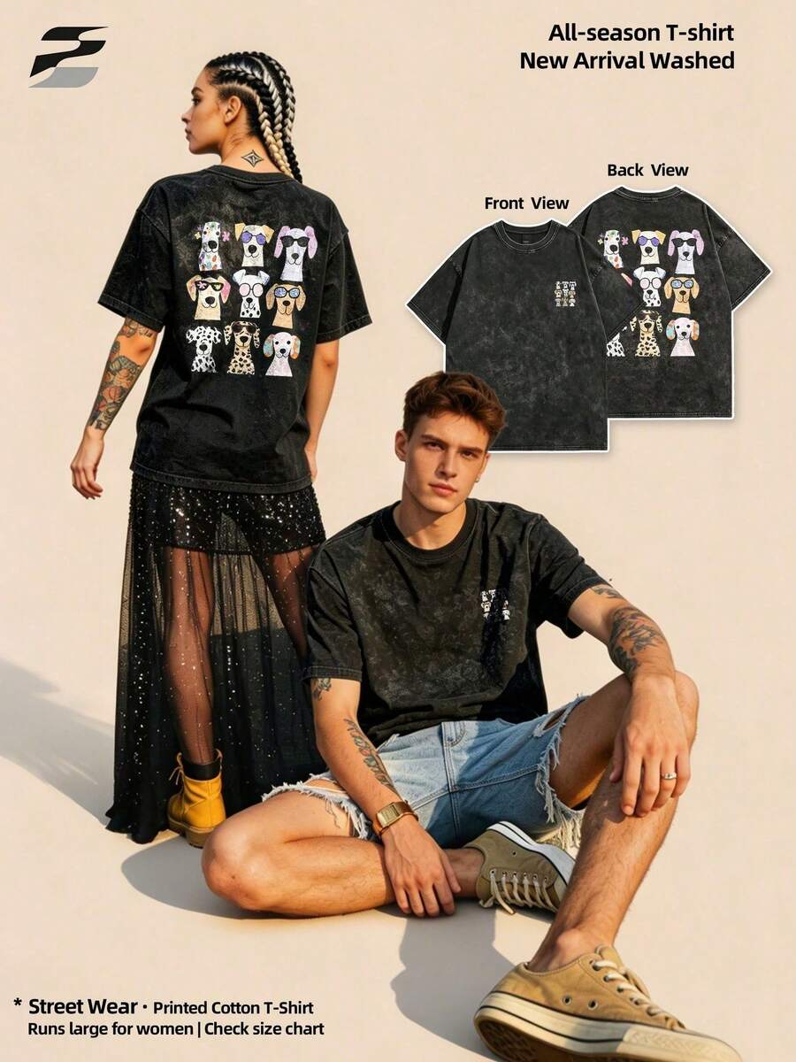 230g Washed Double-Sided Printed Short Sleeve-Shirt, Round Neck Relaxed Fit Casual Tee, Soft Lightweight Versatile Basic Top Daily Wear. - Black - View 1