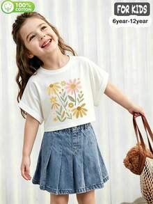 Girls 100% Cotton Drop-Shoulder Short-Sleeved T-Shirt With A Sweet Daisy And Wildflower Print, In A Cute And Sweet Style - White - View 2