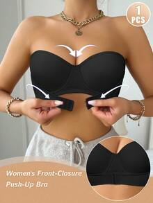Women's Bandeau Front-Closure Push-Up Bra, Comfortable Breathable Perforated Mesh Fabric, Non-Slip Support, Convenient Front-Closure Design - Black - View 2