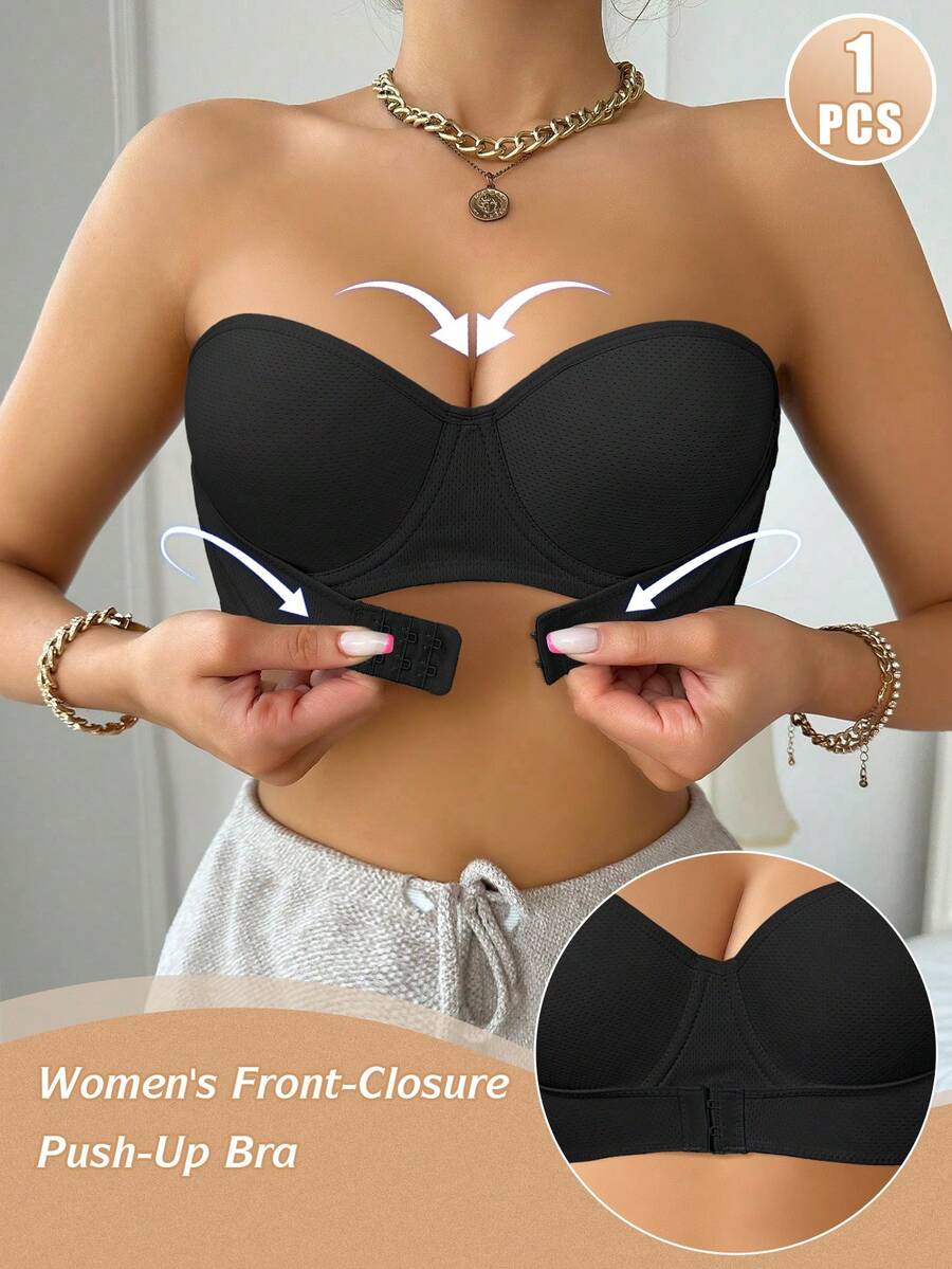 Women's Bandeau Front-Closure Push-Up Bra, Comfortable Breathable Perforated Mesh Fabric, Non-Slip Support, Convenient Front-Closure Design