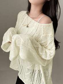 YCYC Autumn/Winter Hollow Out Long Sleeve Knit Sweater - White - View 7