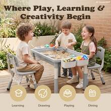 Kinder King Kids Table And Chairs Set, Height Adjustable Children Activity Table W/Storage, Graffiti & Building Blocks Tabletop, Toddler Furniture Set For Classroom, Daycare, Home, Age 3+ - Light Grey - View 6