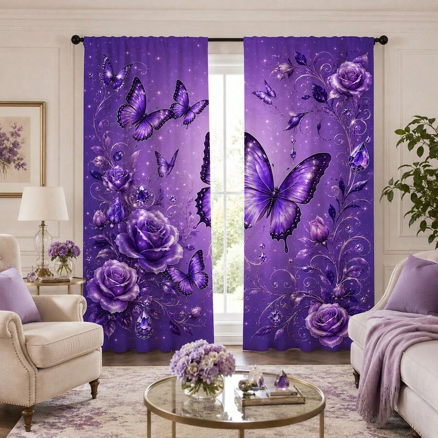 2pcs Purple Floral & Butterfly Semi-Sheer Curtains, Rod Pocket Design, Easy Installation & Smooth Sliding, Polyester Fabric, Quick Dry, Hand Washable & Machine Washable, Suitable For Bedroom, Living Room, Kitchen Decor & Room Divider