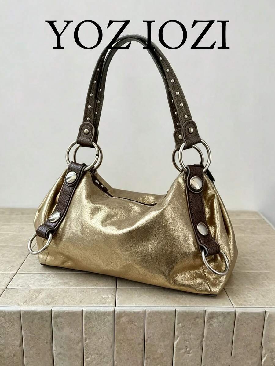 Korean Vintage Niche Design Ins Style Handbag Underarm Bag High-End Hot Girl Large Capacity Commute Outing Daily Shopping Shoulder Tote Retro Versatile Exquisite Tote Bag - Gold - View 1