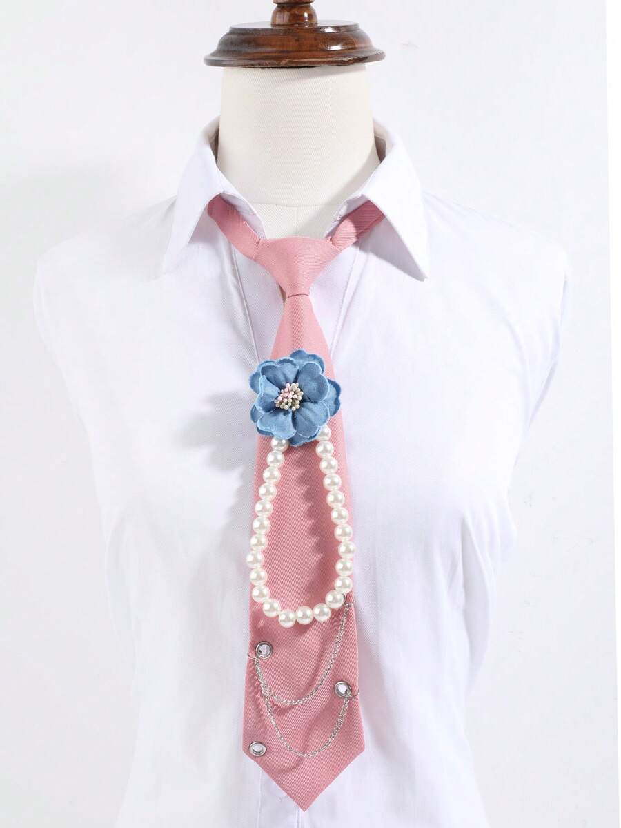 1PC Women's Pink & Blue Contrast Color Tie-Free Collar Necklace, Blue Camellia Pearl Chain Silver Chain Decor, JK School Style Shirt Accessory - Pink Pearl Chain - View 1