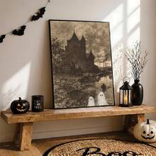 1pc Canvas Wall Art, Framed Wall Decor, Vintage Etched Print Castle Riverside Ghost Canvas Decorative Painting, Dark Academia Style Eerie Halloween Gothic Retro Engraved Print Poster, Suitable For Modern Home Decor, Room Decor, Dorm Decor, Bedroom Decor, Bathroom Decor, Kitchen Decor, Dining Room Decor, Living Room Decor, Office Decor, School Decor, Classroom Decor - Ghost - View 5