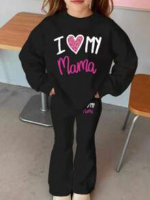 Girls' Casual Loose Letter Print Sweatshirt Set, Suitable For Autumn/Winter, Young Girls' Sports Outfit Set - Black - View 4